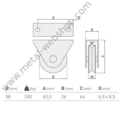 Tolókapu kerék külső konzollal, V92° vájattal, csapágyas