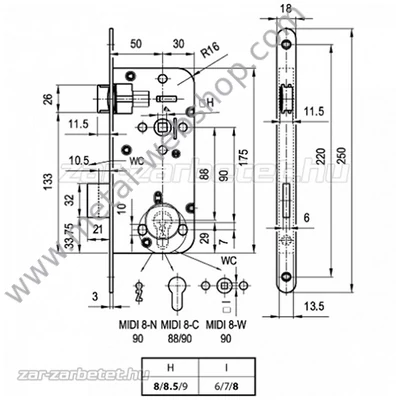 Elzett zár (70,5x240mm), Mabisz minősített, jobbos-balos használatra (799)