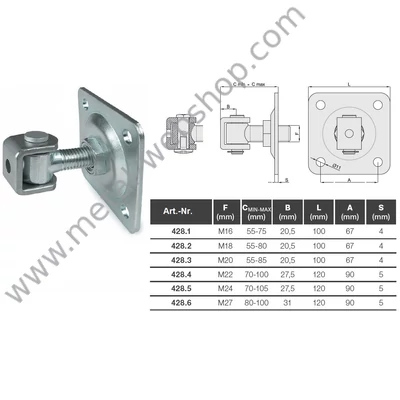 Felső forgáspont csavarozható talppal, állítható (forgócsap rögzítése Seeger gyűrűvel)  (057/A)