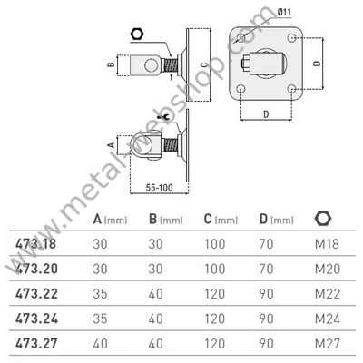 Perselyes forgáspont, csavarozható, állítható, beépítés a kapukeretbe idommal (30x30mm vagy 40x40mm)